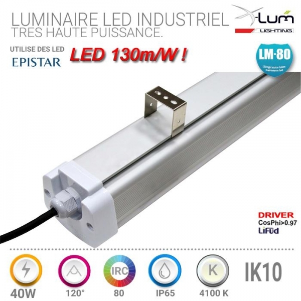 Luminaire 40W LED IP65 4500K 5200Lm 120° Depoli CosPhi 0.95 Gar:2an